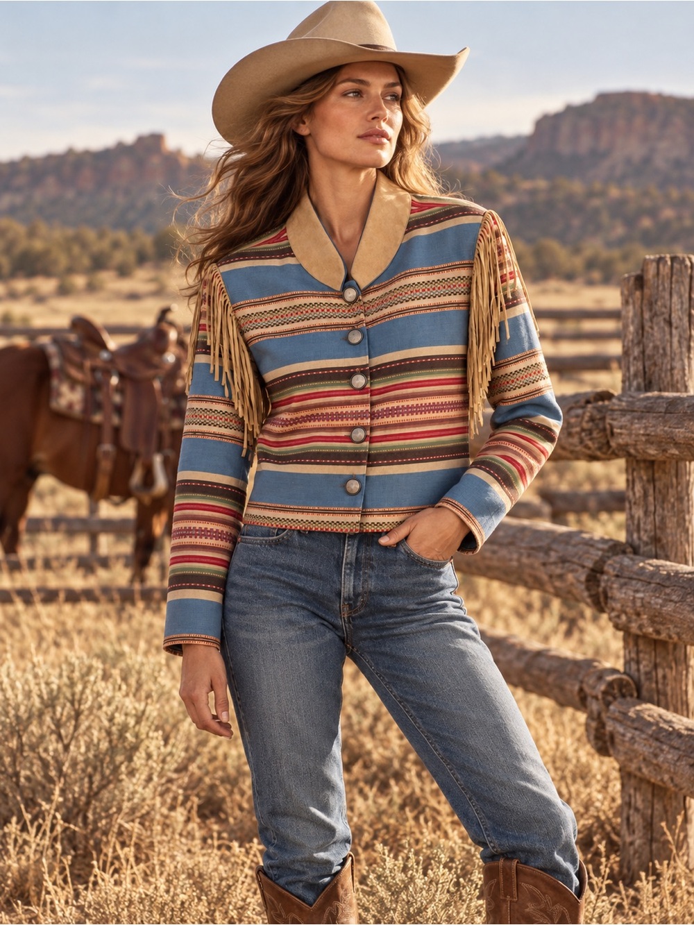 Double D Ranch Wear Striped Fringe Western Ranch Rodeo Jacket large - Picture 1 of 8